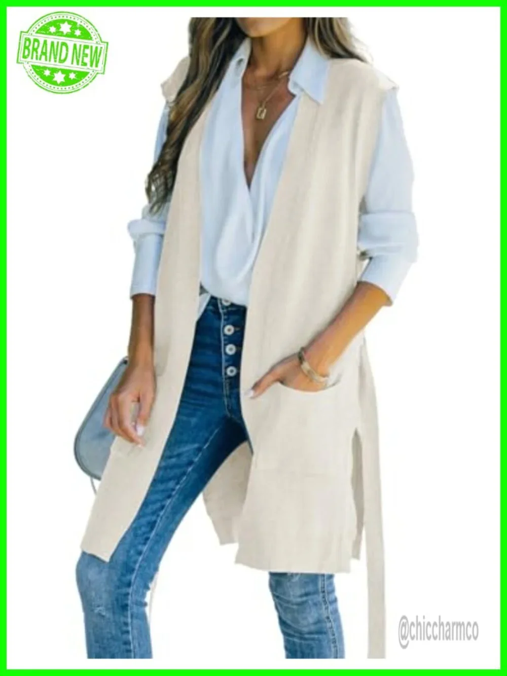Long Open Front Sweater Vest with Pockets and Self Belt